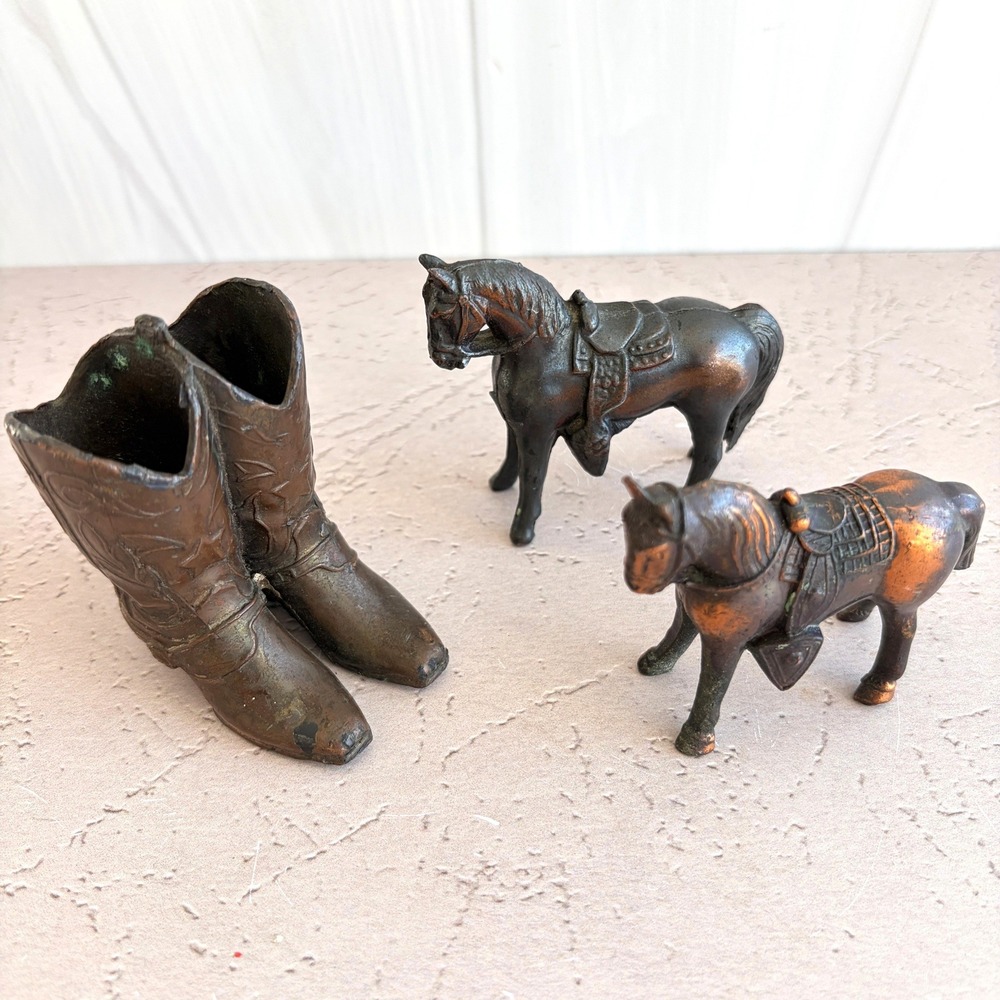 Vintage Kroel Kraft Metal Cowboy Boots and Horses Miniature Figurine Set 3pc